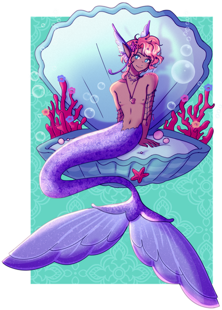 a drawing of a merman sitting in a clamshell