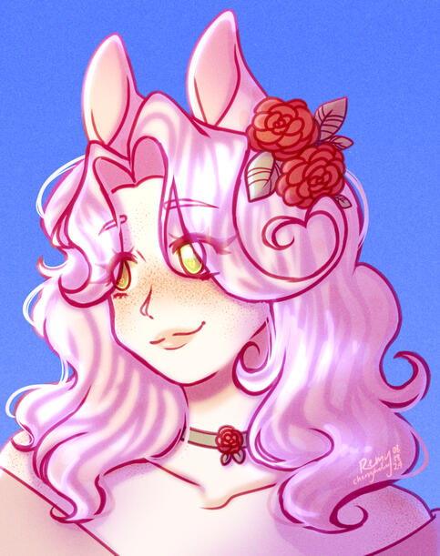 a drawing of a character with pink hair facing the left side