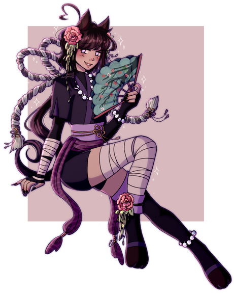 a drawing of a character sitting and fanning themselves with a hand fan