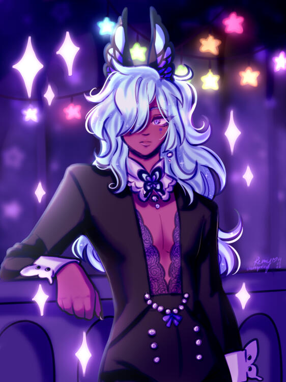 a drawing of a character leaning on a counter looking off screen