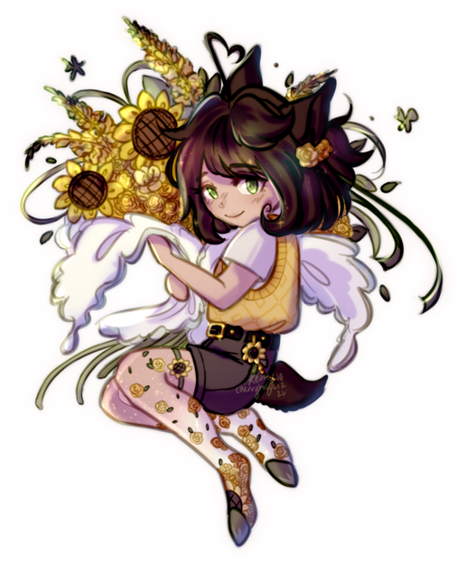 a chibi drawing of a character holding a large bouquet of flowers